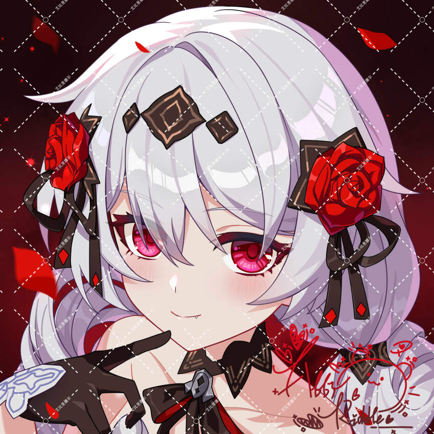 1girl abby_riddle bare_shoulders black_gloves chinese_commentary commentary_request falling_petals fang flower from_above gloves hair_flower hair_ornament hand_on_own_chin highres honkai_(series) honkai_impact_3rd low_twintails petals portrait red_background red_eyes red_flower red_petals red_rose rose signature solo theresa_apocalypse theresa_apocalypse_(luna_kindred) twintails watermark watermark_grid white_hair