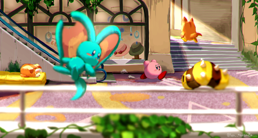 :o arms_up artist_name awoofy blue_eyes blurry blurry_foreground blush blush_stickers building closed_eyes commentary_request depth_of_field elfilin escalator green_headwear hat highres kirby kirby_(series) kirby_and_the_forgotten_land leo_taranza looking_at_another looking_back needlous nintendo no_humans nose_bubble notched_ear open_mouth pink_headwear plant railing running scenery sleeping spikes stairs twitter_username unworn_hat unworn_headwear vines window