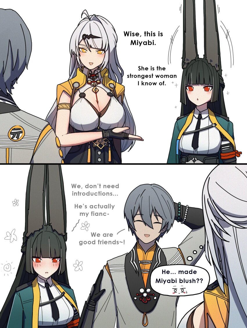 1boy 2girls absurdres animal_ears black_gloves black_hair blush breasts closed_eyes comically_large_ears dorahdew fingerless_gloves formal_clothes fox_ears fox_girl gloves grey_hair highres hoshimi_miyabi large_breasts looking_at_viewer medium_breasts multiple_girls official_alternate_costume open_mouth red_eyes shirt smile white_background white_hair white_shirt wise_(peaceful_waves)_(zenless_zone_zero) wise_(zenless_zone_zero) yellow_eyes yixuan_(zenless_zone_zero) zenless_zone_zero