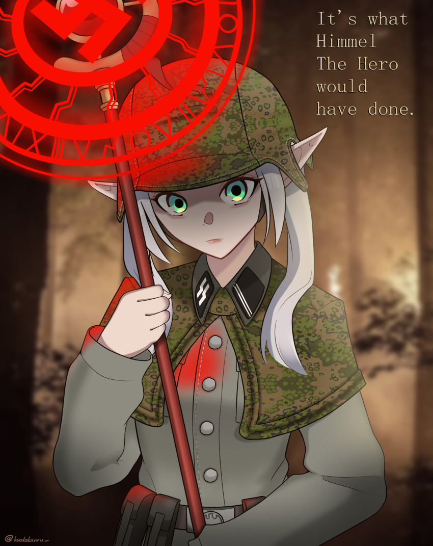 1girl alternate_costume breasts camouflage camouflage_helmet capelet closed_mouth elf frieren green_eyes grey_hair helmet highres holding holding_staff koalakanru long_hair long_sleeves looking_at_viewer nazi pointy_ears reichsadler runes siegrunen solo sousou_no_frieren ss_insignia ss_uniform staff swastika talking twintails waffen-ss white_hair