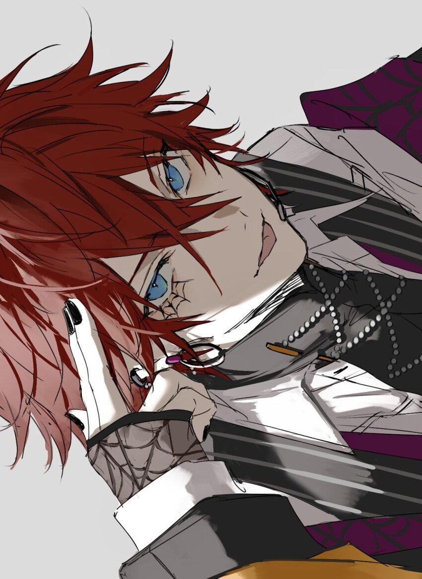 1boy :p amagi_rinne black_nails black_shirt blue_eyes close-up crossed_bangs double-parted_bangs ensemble_stars! grey_background hair_between_eyes headset highres jacket looking_at_viewer male_focus nail_polish nozz177 open_clothes open_jacket purple_jacket red_hair shirt short_hair sidelighting simple_background sleeves_past_wrists solo spider_web_tattoo tattoo tongue tongue_out