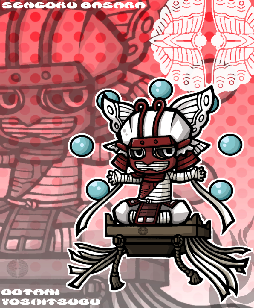 1boy armor bandaged_arm bandaged_hand bandaged_head bandaged_torso bandages black_sclera character_name chibi chibi_only colored_sclera copyright_name covered_mouth floating full_body gradient_background hate0318 helmet highres japanese_armor kabuto_(helmet) looking_at_viewer male_focus ootani_yoshitsugu_(sengoku_basara) outline outstretched_arms polka_dot polka_dot_background red_background sengoku_basara sitting solo white_background white_eyes white_outline zoom_layer