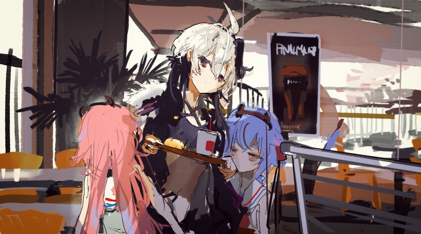 1girl 2others absurdres ahoge black_hair black_jacket blue_hair burger chair closed_mouth commentary_request criss-cross_halter cup disposable_cup dress drink flower_(gynoid_talk) flower_(vocaloid) food glass_wall gynoid_talk halter_shirt halterneck highres holding holding_tray horns indoors jacket kabuyama_kaigi long_hair looking_at_another meika_hime meika_mikoto multicolored_hair multiple_others open_clothes open_jacket pink_hair purple_shirt red_eyes restaurant sailor_dress shirt sleeveless sleeveless_dress standing table tray two-tone_hair upper_body vocaloid white_dress white_hair