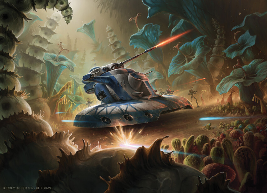 4others absurdres artist_name b1_battle_droid blue_flower droid firing flower highres hover_tank laser military_vehicle motor_vehicle multiple_others plant science_fiction sergey_glushakov star_wars star_wars_legion tank