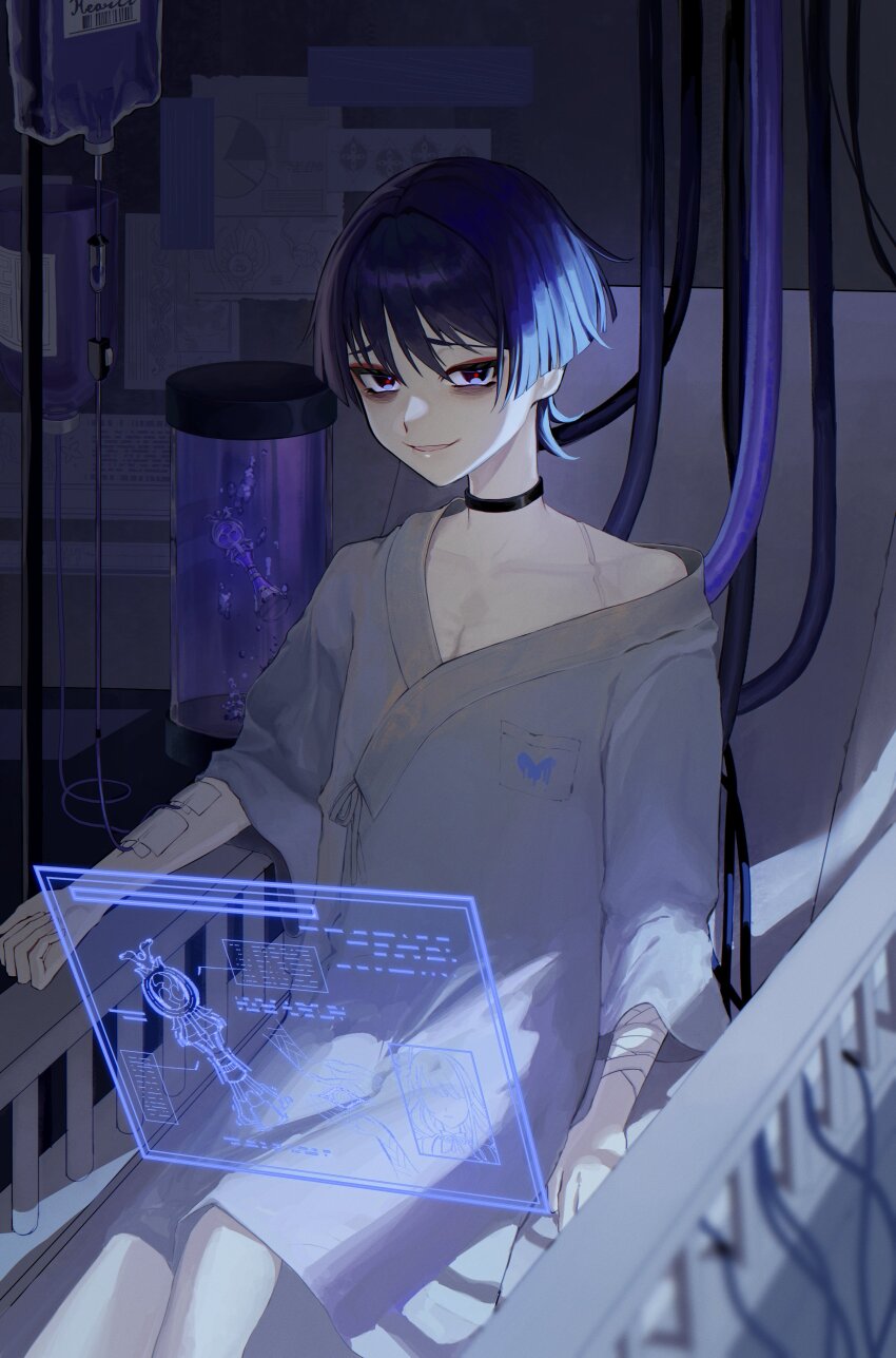 1boy absurdres arms_at_sides bags_under_eyes bed black_eyes blue_hair blunt_ends bubble cable clenched_hand cylinder doll_joints eyeliner eyeshadow fuli_(narumiyafuri) genshin_impact gnosis_(genshin_impact) graph highres hologram hospital hospital_bed hospital_gown intravenous_drip iv_stand joints light_blue_hair looking_at_viewer makeup male_focus mitsudomoe_(shape) multicolored_hair on_bed open_mouth paper pectoral_cleavage pectorals pie_chart purple_hair red_eyeliner red_eyeshadow red_pupils scaramouche_(genshin_impact) single_off_shoulder sitting smile solo streaked_hair three-quarter_sleeves tomoe_(symbol) white_sleeves