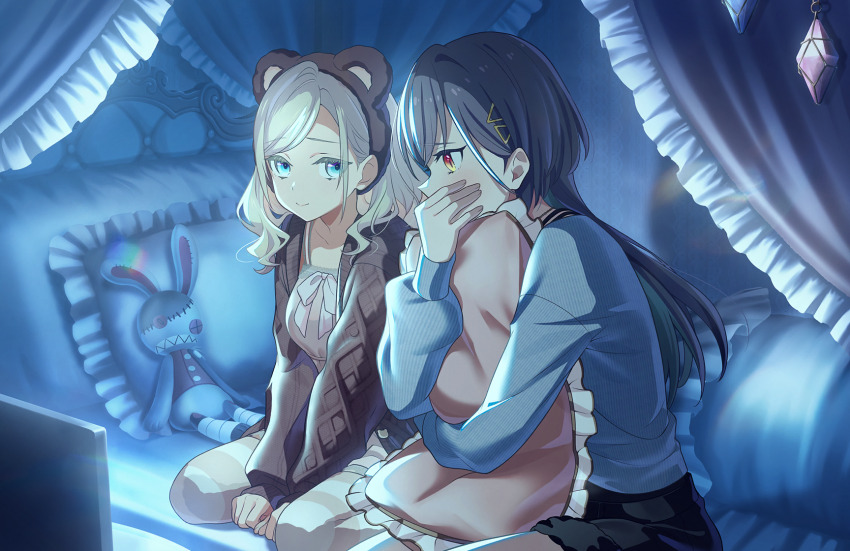 2girls animal_ear_hairband animal_ears bear_ear_hairband bear_ears bed black_shorts blue_eyes blue_sweater breasts brown_camisole brown_cardigan brown_shorts brown_thighhighs camisole canopy_bed cardigan ceras_yanagida_lilienfeld closed_mouth covering_own_mouth fake_animal_ears frilled_pillow frills fur-trimmed_shorts fur_trim game_cg grey_hair hair_ornament hairband hand_over_own_mouth highres hugging_object indoors jellyfish_cut katsuragi_izumi link!_like!_love_live! long_hair looking_at_another love_live! medium_breasts multiple_girls non-web_source official_alternate_costume official_art on_bed open_cardigan open_clothes orange_eyes pillow profile scared shorts slit_pupils striped_clothes striped_thighhighs stuffed_animal stuffed_rabbit stuffed_toy sweater thighhighs triangle_hair_ornament virtual_youtuber