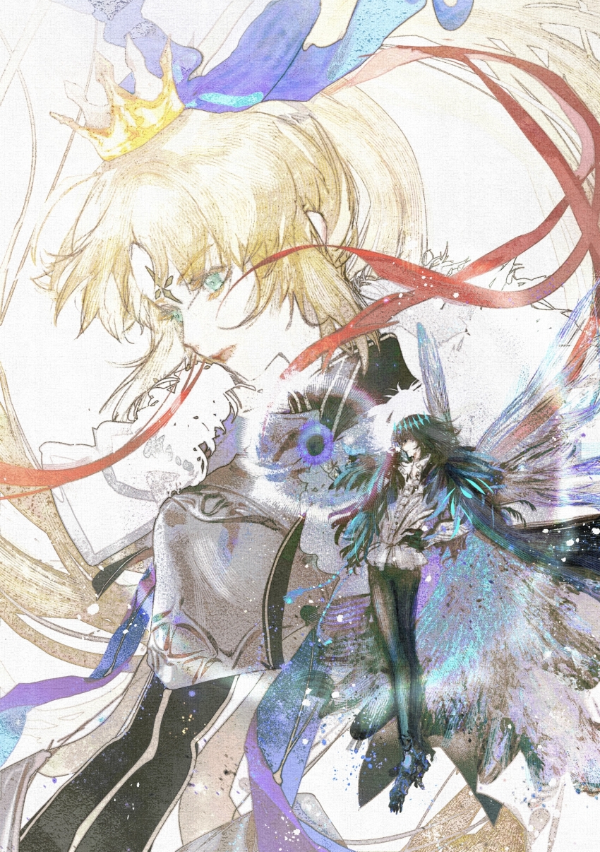 1boy 1girl absurdres armor arthropod_boy artoria_caster_(fate) artoria_caster_(third_ascension)_(fate) artoria_pendragon_(fate) black_hair blonde_hair breastplate cape crown diamond_hairband dragonfly_wings f3000_kiara facial_mark fate/grand_order fate_(series) forehead_mark fur-trimmed_cape fur_trim green_eyes highres insect_wings long_hair long_sleeves medium_hair oberon_(fate) oberon_(third_ascension)_(fate) shirt white_background white_shirt wing_cape wings