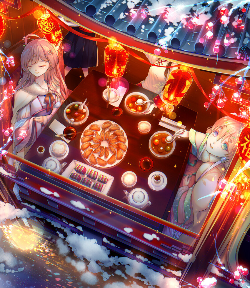 4girls architecture bowl cape china chinese_clothes chinese_food chinese_text chopsticks deng_shiyumi dumpling east_asian_architecture food from_above fur-trimmed_cape fur_trim green_eyes hair_rings hanfu heterochromia highres jiaozi kuih lantern multiple_girls original pankou perspective pink_hair purple_eyes rice server sitting snow soy_sauce teapot winter