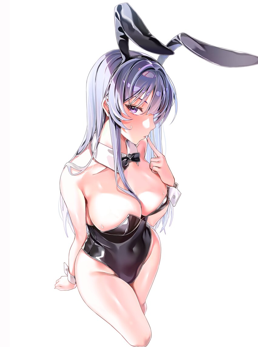 1girl absurdres animal_ears bare_legs black_bow black_bowtie black_leotard blue_hair bow bowtie breasts covered_navel detached_collar fake_animal_ears finger_to_mouth highleg highleg_leotard highres large_breasts leotard long_hair looking_at_viewer machulanko playboy_bunny purple_eyes rabbit_ears sakurajima_mai seishun_buta_yarou sidelocks simple_background solo strapless strapless_leotard white_background white_wrist_cuffs wrist_cuffs
