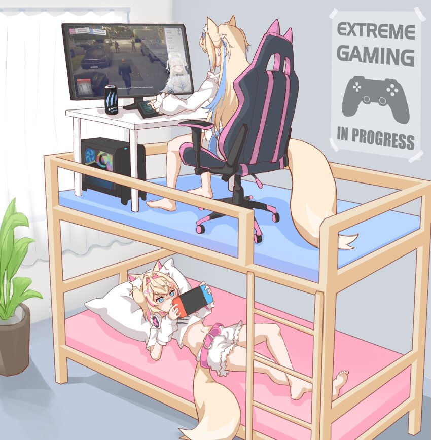 2girls absurdres agent_47 animal_ear_fluff animal_ears bandaid bandaid_hair_ornament barefoot bed belt blonde_hair blue_eyes blue_hair blue_headband bunk_bed chair colored_inner_animal_ears computer computer_keyboard crossed_legs dog_ears dog_girl dog_tail fake_horns feet fuwawa_abyssgard fuwawa_abyssgard_(1st_costume) gaming_chair hair_ornament hairband headband headphones headphones_around_neck highres hitman_(game) hololive hololive_english horn_hairband livestream long_hair midriff mococo_abyssgard mococo_abyssgard_(1st_costume) monster_energy multicolored_hair multiple_girls nintendo_switch pillow pink_belt pink_hair pink_hairband pink_headband plant playing_games poster_(object) potted_plant red_eyes siblings sisters soles streaked_hair swivel_chair tail triam147 twins virtual_youtuber
