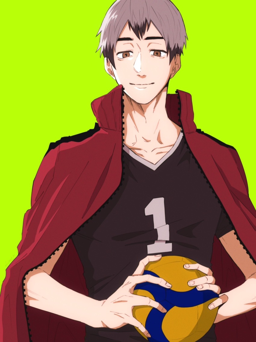 1boy ball black_shirt brown_eyes closed_mouth collarbone green_background grey_hair haikyuu!! highres holding holding_ball jacket jacket_on_shoulders jersey kita_shinsuke light_smile male_focus multicolored_hair open_clothes open_jacket red_jacket shirt simple_background solo streaked_hair two-tone_hair upper_body volleyball_(object) wavi_savi