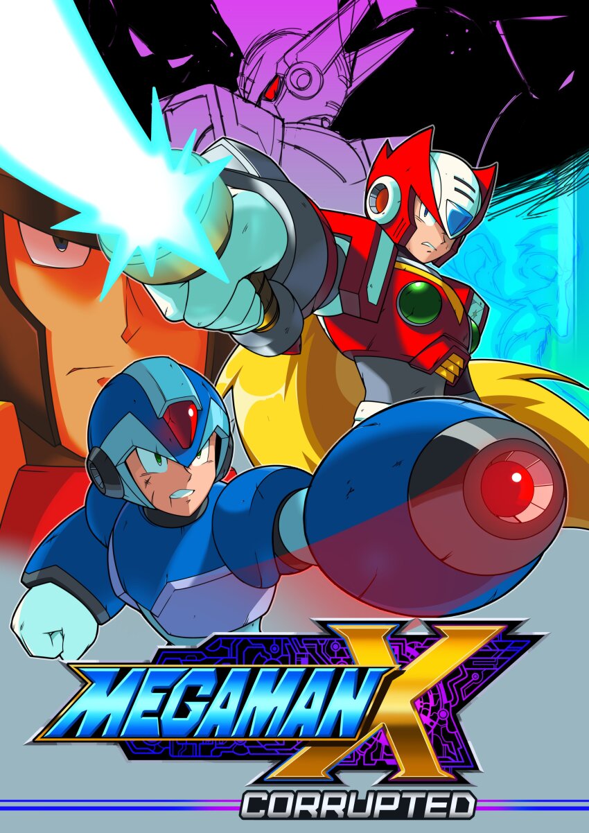 5boys absurdres android arm_cannon armor battle_damage black_helmet blonde_hair blue_armor blue_eyes blue_helmet chest_jewel clenched_teeth closed_eyes closed_mouth dr._cain_(mega_man) energy_sword forehead_jewel green_eyes helmet highres looking_at_viewer male_focus mega_man_(series) mega_man_x_(series) mega_man_x_corrupted multiple_boys red_armor red_helmet scratches sensei_haruki_suetsugu_(style) shoulder_armor signas_(mega_man) standing strike_(mega_man_x_corrupted) sword teeth watashi_wa_dink weapon x_(mega_man) z_saber zero_(mega_man)