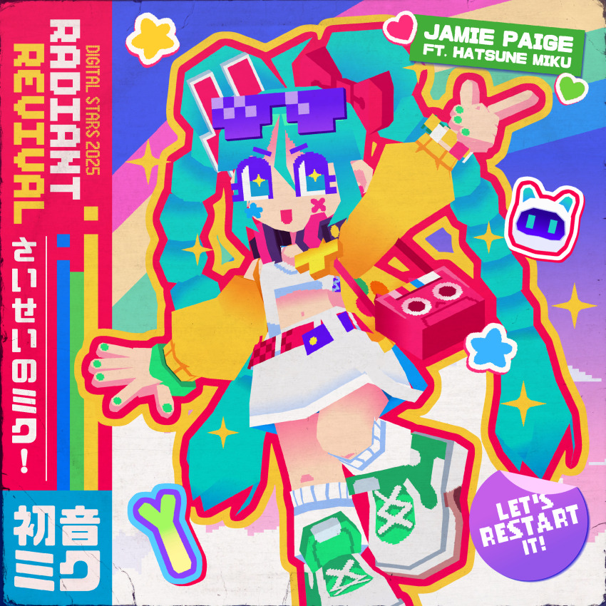 1girl 3d absurdres album_cover aqua_eyes aqua_hair bag belt blockbench_(medium) bow braid colorful cover crop_top digital_stars digital_stars_miku digital_stars_miku_(2025) english_text eyewear_on_head green_nails green_shoes hair_bow hair_ornament handbag hatsune_miku heart heisei_retro highres jacket long_hair long_sleeves low_poly midriff navel official_alternate_costume official_alternate_hairstyle official_art open_clothes open_jacket pink_bag pink_belt pointing rabbit_hair_ornament radiant_revival_(vocaloid) red_bow shirt shoes skirt sneakers solo song_name sunglasses suspender_skirt suspenders twin_braids violet_(violxiv) vocaloid white_shirt white_skirt yellow_jacket