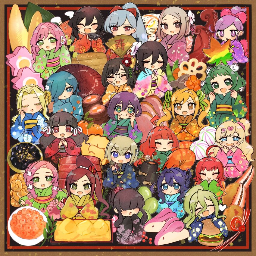 6+girls animal-themed_food aqua_kimono baio_rin black_kimono blue_kimono bonnouji_momoha burger cup deformed eiai_nano fish_(food) floral_print folding_fan food food_request fruit green_kimono ham hanazono_hahari hanazono_hakari hand_fan haraga_kurumi highres holding holding_cup holding_fan holding_umbrella iin_chiyo ikura_(food) inda_karane japanese_clothes kakure_meme kedarui_aashii kimi_no_koto_ga_dai_dai_dai_dai_daisuki_na_100-nin_no_kanojo kimono lotus_root_slice mandarin_orange meido_mai meido_mei momi_momiji multicolored_kimono multiple_girls nakaji_uto octopus orange_kimono osechi oversized_food oversized_object oyomidtarumi pink_kimono purple_kimono red_kimono sakazuki shrimp sutou_iku torotoro_kishika umbrella utsukushisugi_mimimi yakuzen_kusuri yakuzen_yaku yamato_nadeshiko_(hyakkano) yasashiki_yamame yellow_kimono yoshimoto_shizuka