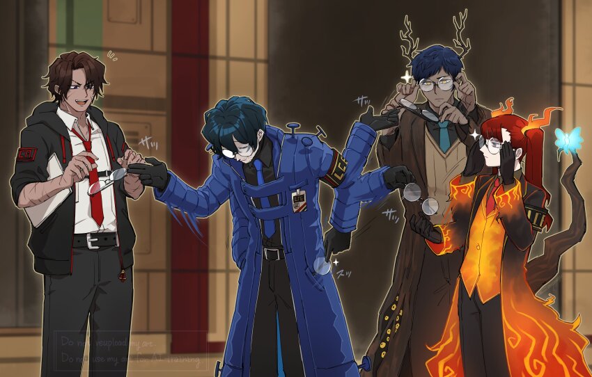 1girl 3boys absurdres aedd_(e.g.o) alyssa_(project_moon) ardor_blossom_star_(e.g.o) belt black_belt black_jacket black_pants blue_coat blue_hair blue_necktie brown_hair closed_mouth coat collared_shirt dark-skinned_male dark_skin e.g.o_(project_moon) glasses hands_up heathcliff_(project_moon) highres hohenheim_(project_moon) hood hooded_jacket jacket lantern_(e.g.o) limbus_company marton_(project_moon) multiple_boys necktie open_mouth pants parted_bangs plant_roots project_moon purple_eyes red_eyes red_hair shirt smile twintails white_shirt yatsumeunagi yellow_eyes