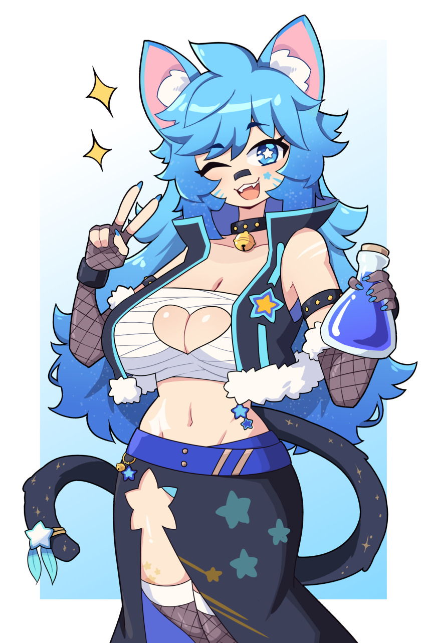 1girl absurdres animal_ears blue_eyes blue_hair blue_nails breasts cat_ears cat_girl cat_tail cleavage commission daigada facial_mark fangs highres large_breasts long_hair original sarashi solo star-shaped_pupils star_(symbol) symbol-shaped_pupils tail teeth upper_teeth_only