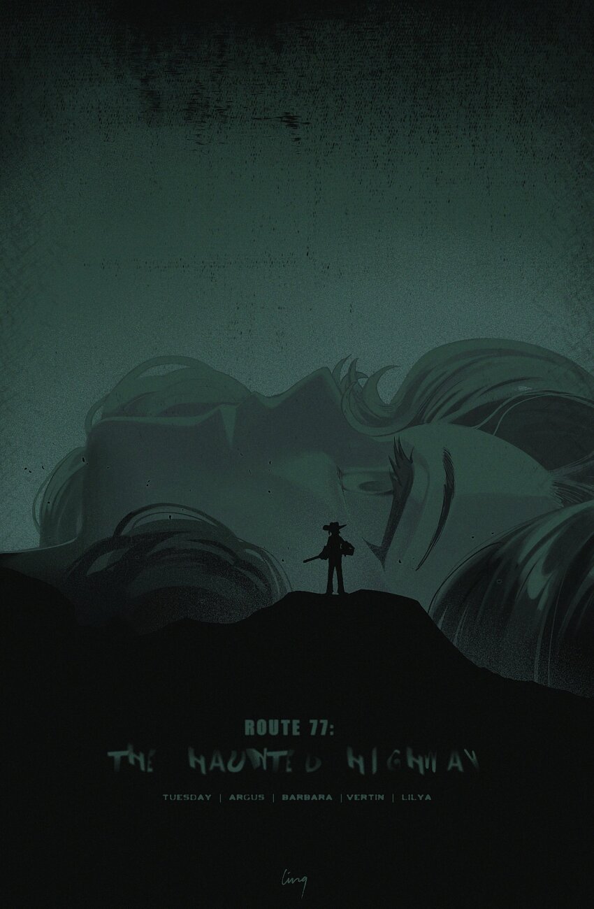 2girls argus_(reverse:1999) artist_name character_name english_text eyelashes giant giantess green_theme gun highres hill holding holding_gun holding_weapon ling_(chaaaaanhikari) monochrome multiple_girls parody portrait poster_parody profile reverse:1999 rifle rosemary&#039;s_baby short_hair signature silhouette standing tuesday_(reverse:1999) weapon