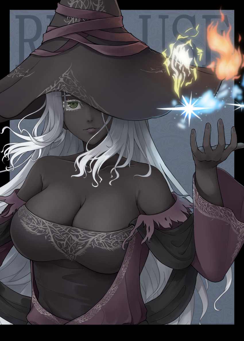 1girl absurdres bare_shoulders black_dress black_hat black_skin breasts character_name cleavage colored_eyelashes colored_skin commentary_request dark-skinned_female dark_skin dress elden_ring elden_ring_nightreign fire gresy hat hat_over_one_eye highres large_breasts large_hat long_hair purple_sleeves pyrokinesis recluse_(elden_ring) simple_background solo white_eyelashes white_hair witch witch_hat