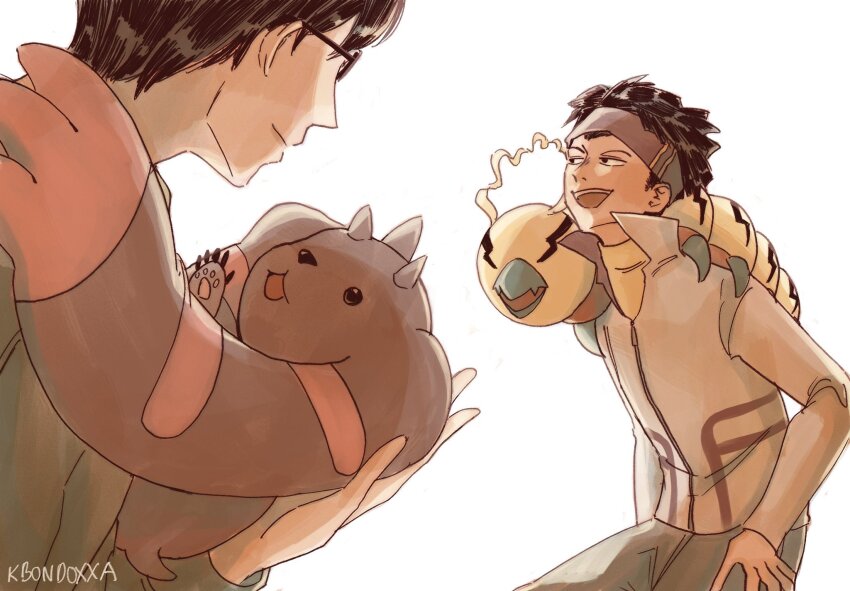 2boys artist_name black_hair brown_fur caterpillar digimon digimon_(creature) digimon_survive glasses highres jacket kari_(kbondoxxa) kayama_shuuji kunemon looking_at_another lopmon multiple_boys open_mouth pink_fur short_hair simple_background teeth tominaga_ryou two-tone_fur upper_teeth_only white_background white_jacket