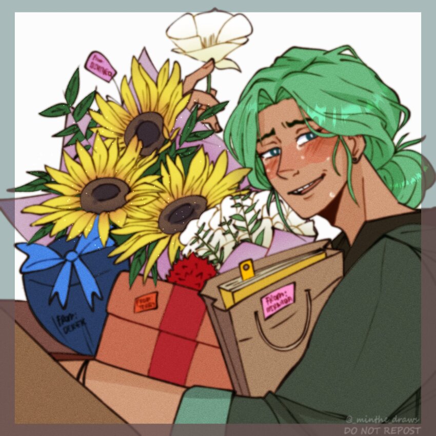1boy accordion_folder bag black_shirt border bouquet bracelet coat collared_shirt cove_holden curtained_hair flower gifftex gift green_coat green_eyes green_hair grin hair_bun highres holding holding_bouquet holding_gift jewelry looking_at_viewer minthe_draws our_life:_beginnings_and_always paper_bag shirt sidelocks smile solo sunflower teeth too_many_flowers too_many_gifts upper_body upper_teeth_only white_background