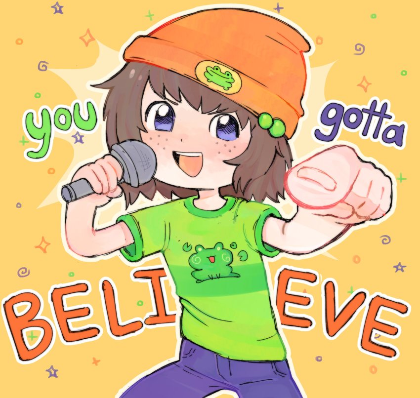 1girl absurdres beanie bessiebee blue_eyes blue_pants brown_hair child cosplay diamond_(shape) english_text freckles frog green_hair_ornament green_shirt hat highres indie_virtual_youtuber lily_hopkins looking_at_viewer microphone open_mouth orange_background orange_headwear pants parappa parappa_(cosplay) parappa_the_rapper pointing pointing_at_viewer shirt simple_background spiral star_(symbol) striped_clothes striped_shirt t-shirt tagme teeth tongue upper_teeth_only virtual_youtuber