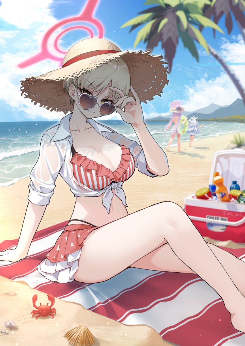 3girls absurdres animal barefoot beach bikini blonde_hair blue_archive blue_sky bottle braid breasts can cherino_(blue_archive) clam cleavage cloud colored_inner_hair commentary cooler crab day eki_doki halo hat heart heart-shaped_eyewear highres long_hair looking_at_viewer marina_(blue_archive) multicolored_hair multiple_girls navel ocean outdoors palm_tree pleated_skirt purple_hair short_hair sitting skirt sky smile solo_focus straw_hat sunglasses swimsuit tomoe_(blue_archive) tree twin_braids white_hair yellow_eyes
