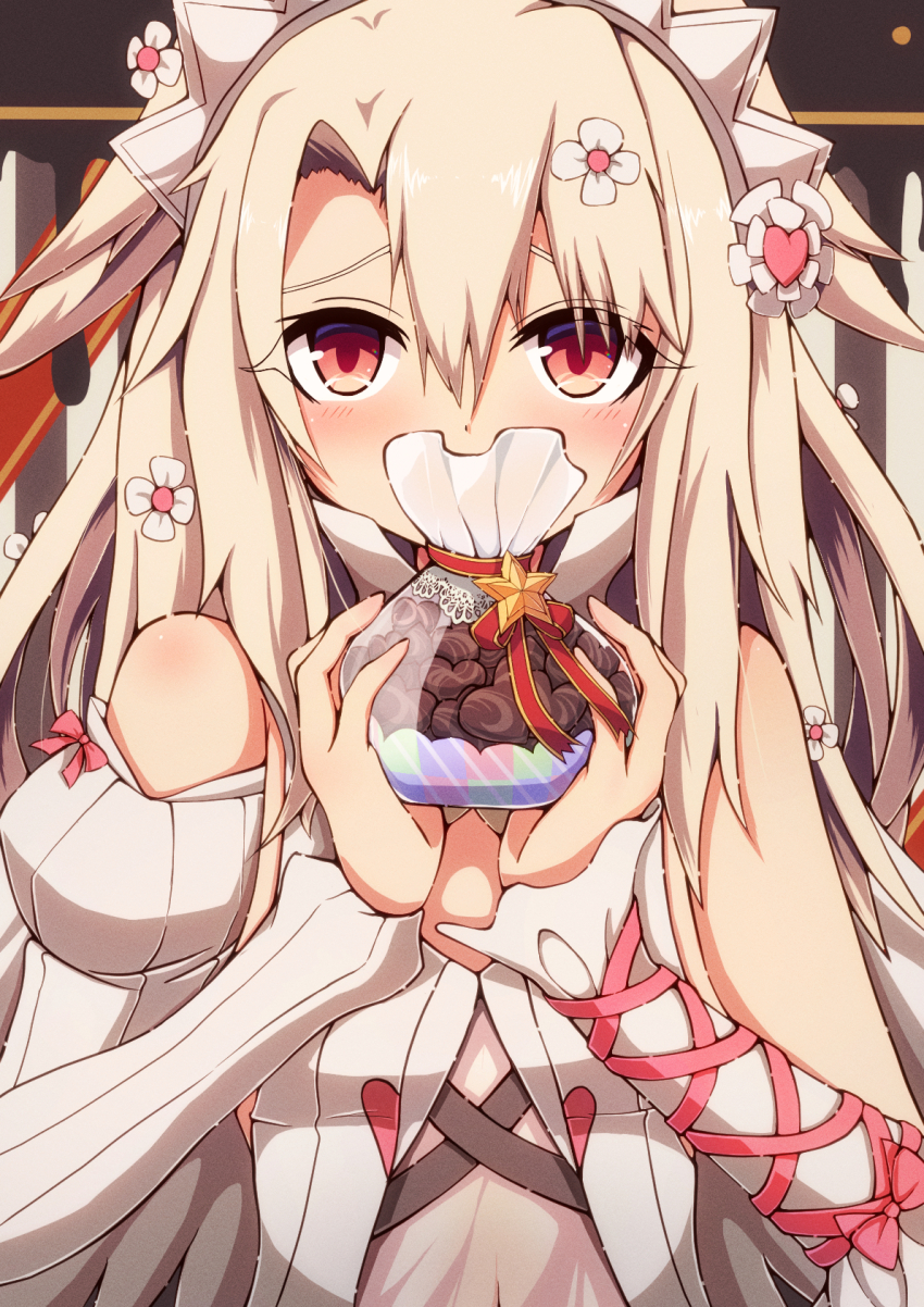 1girl bag bare_shoulders blush breasts chocolate detached_sleeves dress fate/grand_order fate_(series) food gift_bag hair_ornament highres illyasviel_von_einzbern illyasviel_von_einzbern_(choco_angel) long_hair looking_at_viewer maid_headdress peisuto red_eyes see-through_clothes see-through_dress sidelocks small_breasts solo white_dress white_hair