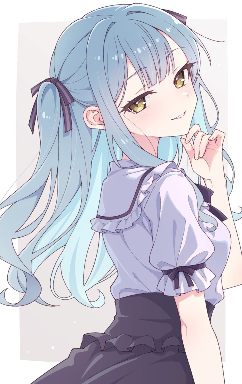 1girl bang_dream! bang_dream!_it&#039;s_mygo!!!!! black_skirt blue_hair border commentary e20 highres long_hair looking_at_viewer open_mouth outside_border shirt short_sleeves sidelocks skirt solo togawa_sakiko white_border white_shirt yellow_eyes