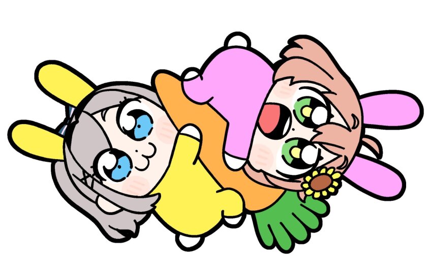 2girls :3 ahoge animal_costume bkub blue_eyes blush carrot chibi chibi_only closed_mouth dot_nose double-parted_bangs flower green_eyes grey_hair hair_between_eyes hair_flower hair_ornament hairclip honma_himawari multiple_girls nijisanji open_mouth pink_hair rabbit_costume short_hair simple_background smile sunflower sunflower_hair_ornament super_bunny_man suzuhara_lulu teeth upper_teeth_only virtual_youtuber white_background x_hair_ornament yellow_pupils