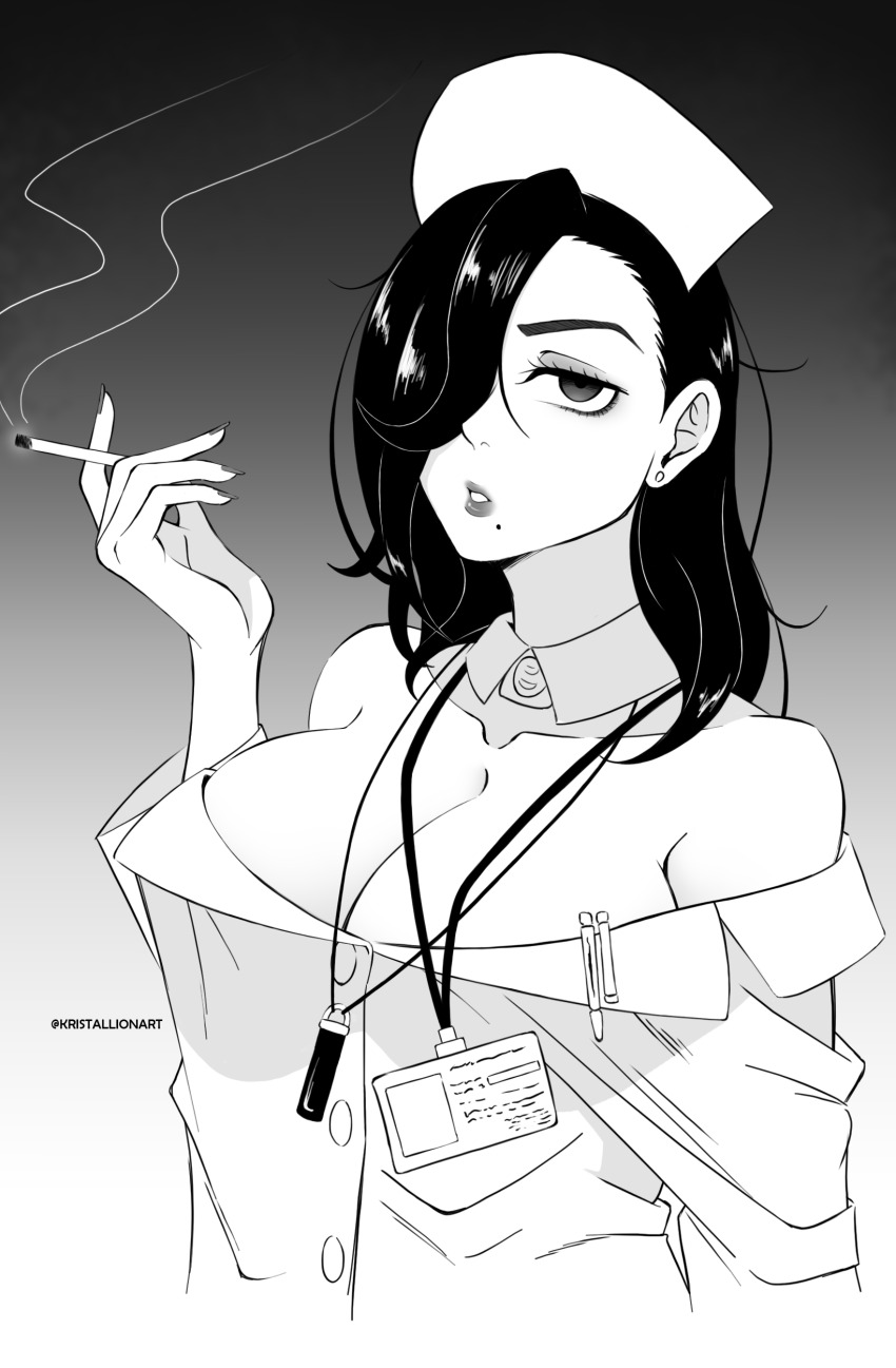 1girl absurdres black_hair breasts cigarette cleavage coat collar dandadan earrings female_focus fingernails hat highres jewelry kristallion large_breasts lipstick long_fingernails long_hair makeup messy_hair mole monochrome name_tag nurse nurse_cap pencil queen_sensei school_nurse simple_background smoking solo solo_focus tired_eyes
