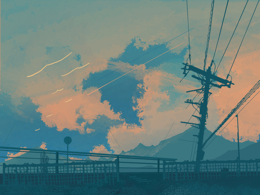 cloud cloudy_sky commentary ele_artworks english_commentary fence highres mountainous_horizon no_humans original power_lines road_sign scenery sign sky utility_pole