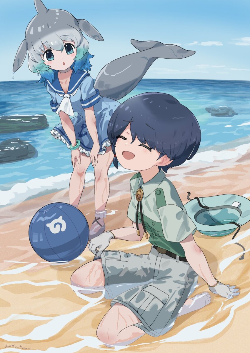 2girls :o ball barefoot beach beachball belt black_belt black_hair blowhole blue_dress blue_eyes blue_hair blue_trim blush captain_(kemono_friends) cetacean_tail closed_eyes common_bottlenose_dolphin_(kemono_friends) dolphin_girl dorsal_fin dress fins fish_tail frilled_dress frills gloves green_shirt grey_hair grey_shirt grey_shorts hair_between_eyes hat head_fins highres horizon jacket japari_symbol kemono_friends kemono_friends_3 kunikuni_(kunihiro2005) multiple_girls neckerchief ocean open_mouth safari_jacket sailor_collar sailor_dress seiza shirt short_hair short_sleeves shorts sidelocks sitting smile tail two-tone_shirt unworn_hat unworn_headwear white_gloves white_hair white_neckerchief