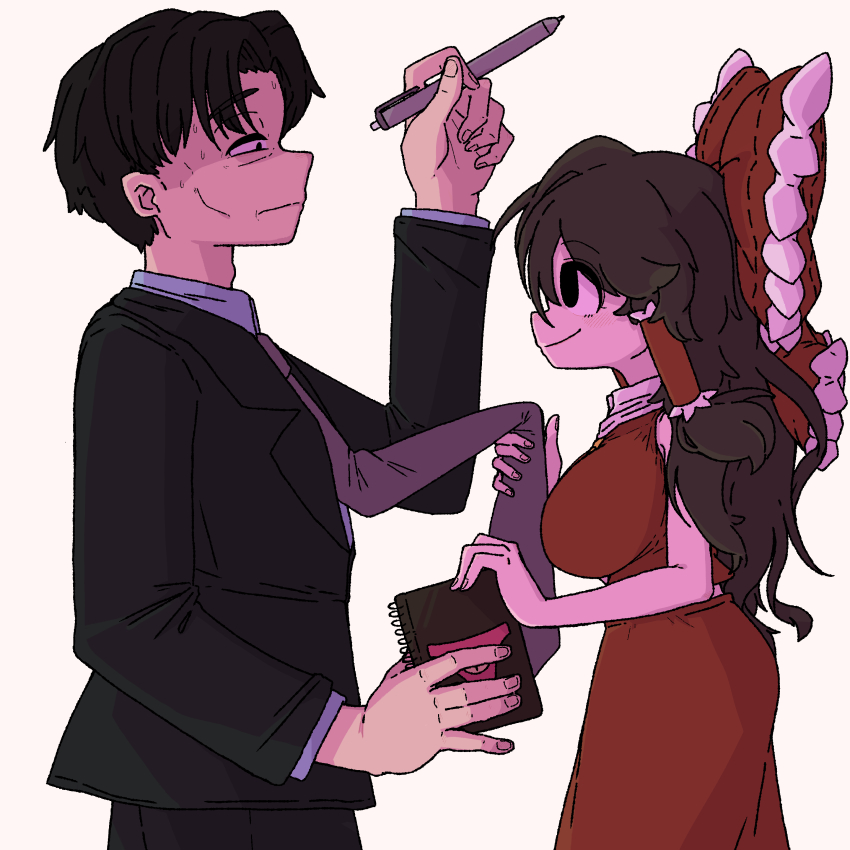 1boy 1girl absurdres black_eyes black_hair black_jacket blazer bow breasts brown_necktie closed_mouth clothes_grab commentary_request cookie_(touhou) cowboy_shot empty_eyes formal_clothes hakurei_reimu highres holding holding_notebook holding_pen jacket large_breasts long_hair long_sleeves looking_at_another manatsu_no_yo_no_inmu muimui_(4242564muimui) necktie necktie_dekasugi necktie_grab neckwear_grab noel_(cookie) notebook parted_bangs pen red_bow red_shirt red_skirt shirt short_hair simple_background skirt sleeveless sleeveless_shirt smile suit touhou white_background white_shirt