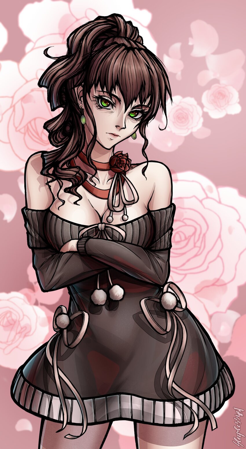 1girl absurdres bare_shoulders black_dress bow breasts brown_hair collarbone crossed_arms detached_sleeves dress earrings flower gradient_eyes green_eyes hair_between_eyes head_tilt highres jewelry lips long_hair looking_at_viewer multicolored_eyes nose pink_background pom_pom_(clothes) ponytail red_flower ribbon sidelocks signature sleepless451 solo standing umineko_no_naku_koro_ni ushiromiya_natsuhi wavy_hair