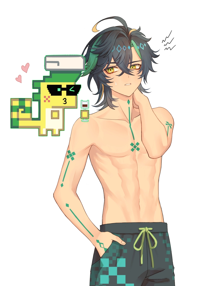 1boy 1other absurdres ajaw_(genshin_impact) arm_tattoo black_hair black_male_swimwear chest_tattoo erzplubdduik93g genshin_impact green_eyes hair_between_eyes headband highres kinich_(genshin_impact) kinich_(hot_springs)_(genshin_impact) looking_at_viewer male_focus male_swimwear multicolored_hair muscular muscular_male navel neck_tattoo short_hair stomach streaked_hair sweat tattoo topless_male white_background