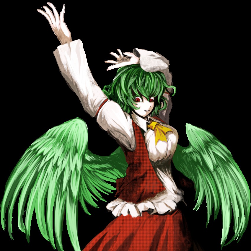 1girl amatou3 arms_up colored_eyelashes feathered_wings female_focus green_hair highres kazami_yuuka kazami_yuuka_(seihou) outstretched_hand plaid_clothes plaid_vest red_eyes seihou short_hair slit_pupils solo touhou transparent_background vest wings