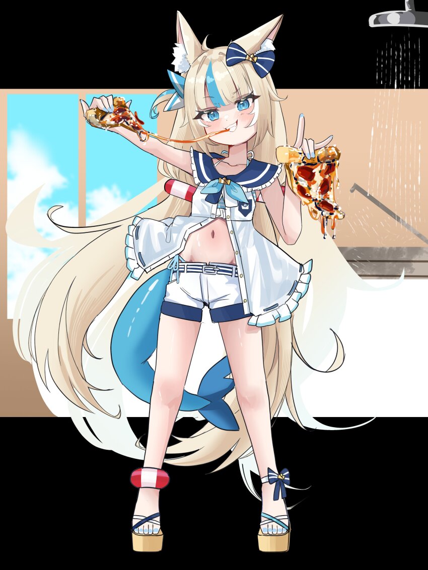 1girl absurdres ahoge blonde_hair blue_eyes blue_hair blue_nails breasts cheese cheese_trail dress fins fish_girl fish_tail food highres holding holding_food indie_virtual_youtuber long_hair looking_at_viewer multicolored_hair nail_polish navel one_side_up pizza punpond sameko_saba sandals short_shorts shorts sleeveless sleeveless_dress small_breasts solo streaked_hair tail toenail_polish toenails very_long_hair virtual_youtuber white_dress white_shorts