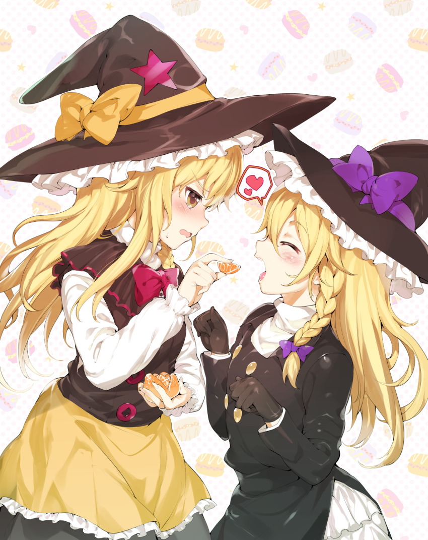 2girls azusa_(cookie) blonde_hair blush bow braid cookie_(touhou) dual_persona closed_eyes feeding food fruit gloves hair_bow hair_ornament hat hat_bow heart highres kirisame_marisa leaning_forward long_hair long_sleeves macaron mandarin_orange multiple_girls mutsutake nokonoko open_mouth paw_pose rei_(cookie) side_braid spoken_heart standing star_(symbol) star_hair_ornament sweatdrop teeth tongue tongue_out touhou wavy_mouth witch_hat yellow_eyes