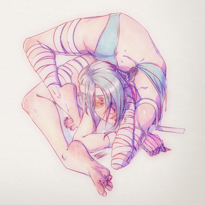 1girl a.k.i._(street_fighter) absurdres ass bandaged_arm bandaged_leg bandages bikini butt_crack contortion dimples_of_venus eyepatch feet flexible grey_hair hair_over_one_eye highres levidu99 mole mole_under_mouth official_alternate_costume red_eyes short_hair smile solo street_fighter street_fighter_6 swimsuit