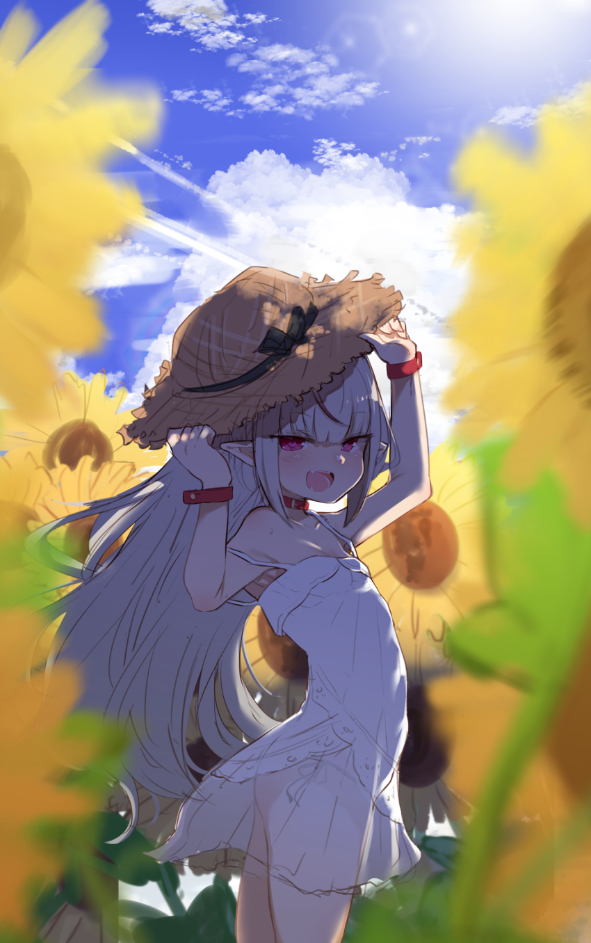 1girl absurdres bare_shoulders blue_sky breasts choker cloud commentary_request dress field flower flower_field grey_hair hat heart heart-shaped_pupils highres long_hair looking_at_viewer makaino_ririmu makaino_ririmu_(3rd_costume) nijisanji open_mouth panties partial_commentary pointy_ears red_eyes see-through_clothes side-tie_panties sky small_breasts smile solo straw_hat sundress sunflower sunflower_field symbol-shaped_pupils underwear utsusumi_kio virtual_youtuber