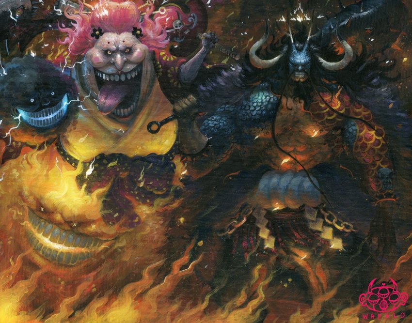 1boy 1girl abs acrylic_paint_(medium) big_mom birthday breasts charlotte_linlin club club_(weapon) creepy dated devil_fruit dragon dragon_boy dragon_horns eclipse electricity facial_hair fangs fat fiery_hair fire grin hat holding horns japanese_clothes jewelry kaidou_(one_piece) kanabou kimono long_hair looking_at_viewer medium_breasts muscular mustache mustard napoleon_(one_piece) old old_woman one_piece painting_(medium) pectorals pirate_hat prometheus_(one_piece) realistic saliva scales scar scar_on_face serious sharp_teeth short_hair shoulder_tattoo smile tail tattoo teeth tongue tongue_out traditional_media very_long_hair wafalo weapon zeus_(one_piece)