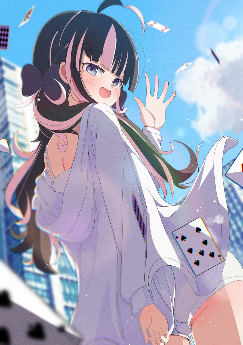 1girl absurdres ahoge bare_shoulders blue_eyes blush camisole floating_card highres hood hooded_jacket jacket long_hair long_sleeves looking_at_viewer looking_back multicolored_hair open_mouth original outdoors pink_hair shiro9jira short_shorts shorts smile solo streaked_hair twintails virtual_youtuber white_camisole white_jacket white_shorts