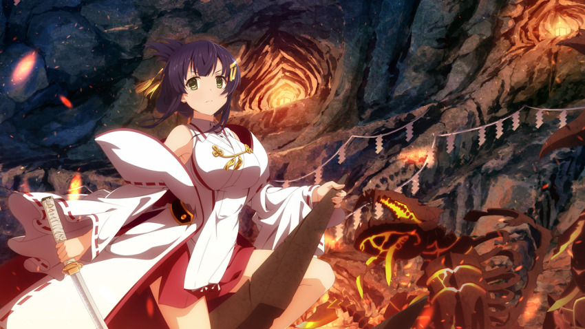 1girl aratama_(toji_no_miko) breasts closed_mouth dress folded_ponytail frown game_cg green_eyes holding holding_sword holding_weapon katana large_breasts looking_at_viewer monster official_alternate_costume official_art purple_hair red_skirt skirt solo sword toji_no_miko toji_no_miko:_kizamishi_issen_no_tomoshibi v-shaped_eyebrows weapon white_dress yanase_mai