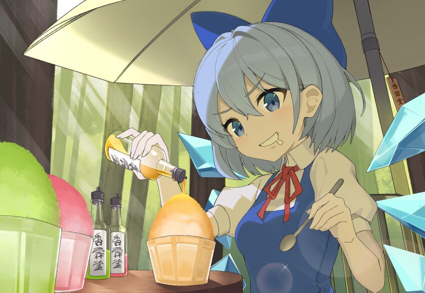 1girl absurdres blue_bow blue_dress blue_eyes blue_hair bow cirno detached_wings devilkillerx dress drooling fairy fairy_wings food frozen grin hair_bow highres ice ice_wings mouth_drool open_mouth pinafore_dress shaved_ice short_hair sleeveless sleeveless_dress smile solo teeth touhou touhou_lost_branch_of_legend wings