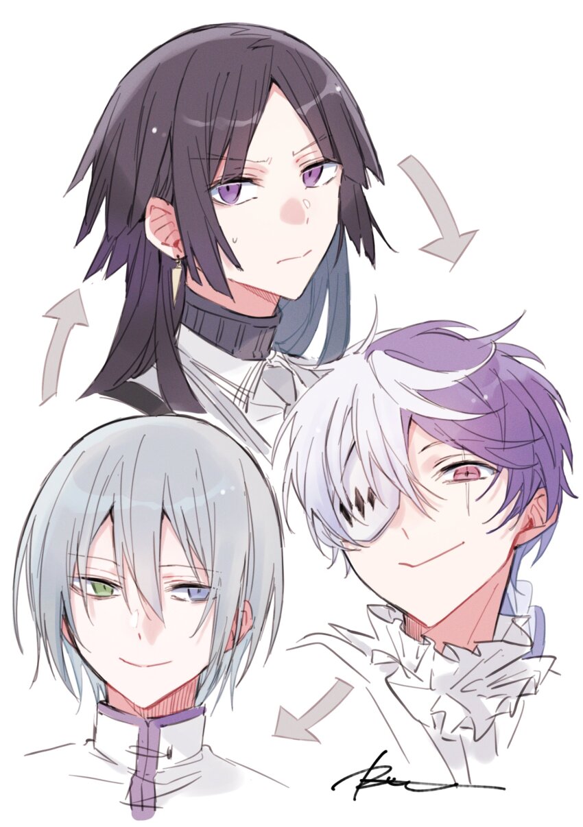 3boys absurdres alternate_eye_color alternate_hair_color arrow_(symbol) black_hair blue_eyes braid bungou_stray_dogs closed_mouth collared_shirt color_switch commentary cropped_shoulders earrings eye_color_switch eyepatch frilled_shirt_collar frills fyodor_dostoyevsky_(bungou_stray_dogs) green_eyes grey_hair hair_between_eyes hair_color_switch heterochromia highres jewelry long_hair looking_at_viewer male_focus multicolored_hair multiple_boys necktie nikolai_gogol_(bungou_stray_dogs) pink_eyes purple_eyes purple_hair r1kuuw scar scar_across_eye scar_on_face shirt short_hair sigma_(bungou_stray_dogs) signature simple_background single_braid smile split-color_hair sweatdrop two-tone_hair white_background white_hair white_shirt