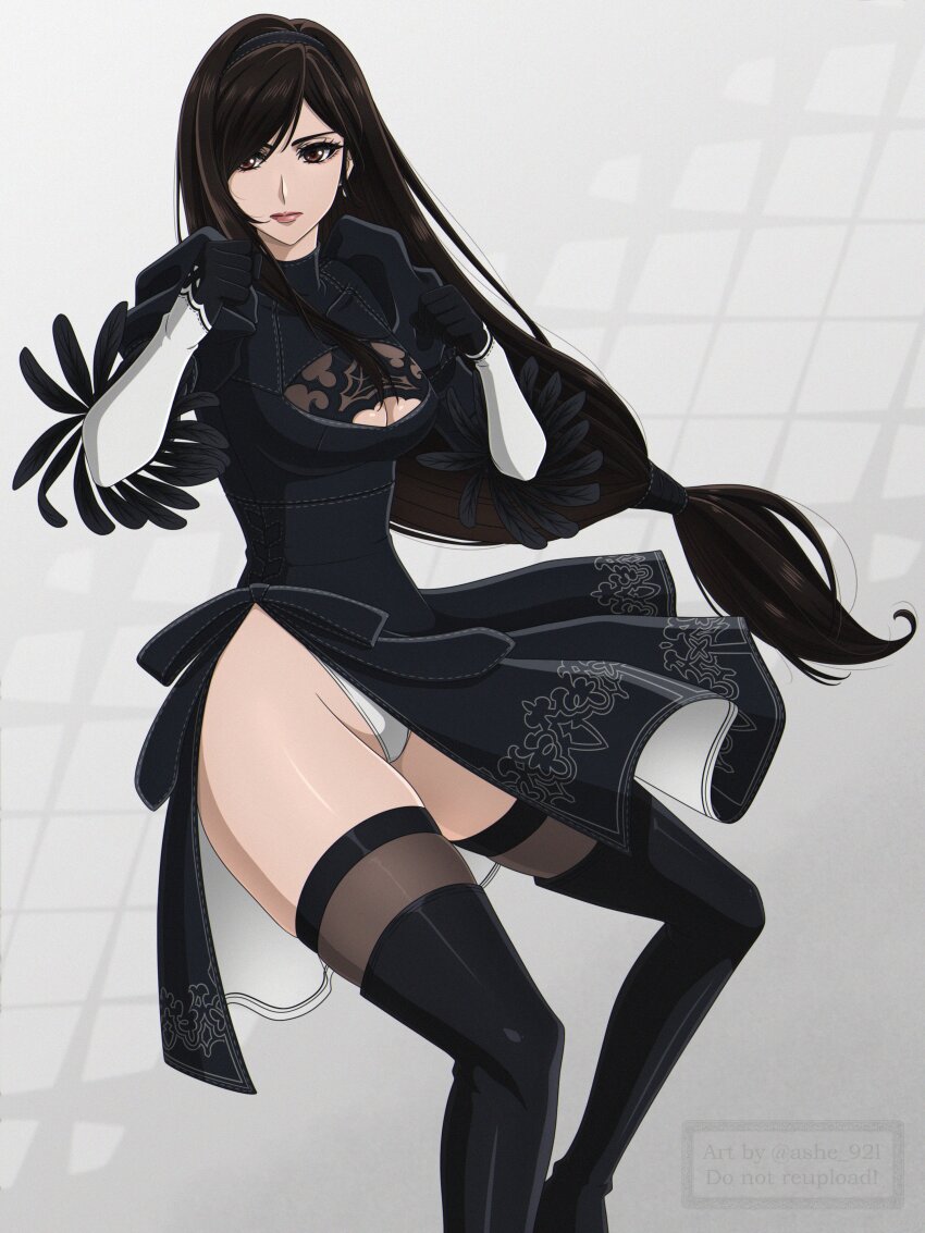 1girl 2b_(nier:automata) 2b_(nier:automata)_(cosplay) absurdres black_boots black_dress black_gloves black_hair black_hairband boots breasts brown_eyes brown_hair cleavage cleavage_cutout clenched_hands closed_mouth clothing_cutout company_connection cosplay dress earrings eyelashes feather-trimmed_sleeves feet_out_of_frame fighting_stance final_fantasy final_fantasy_vii final_fantasy_vii:_ever_crisis gloves hairband highres jewelry juliet_sleeves large_breasts leotard leotard_under_clothes lips long_hair long_sleeves looking_at_viewer low-tied_long_hair nier:automata nier_(series) official_alternate_costume pink_lips puffy_sleeves shirl_geem side_slit single_earring solo swept_bangs thigh_boots thighhighs thighhighs_under_boots thighs tifa_lockhart tifa_lockhart_(battler_ensemble) turtleneck turtleneck_dress white_leotard