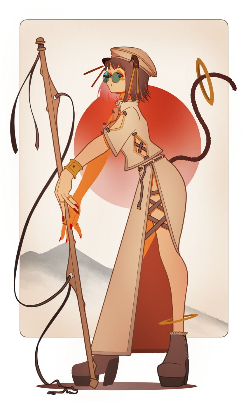 1girl absurdres animal_ears boots border bracelet brown_hair cat_ears cat_girl cat_tail from_side full_body glasses green-tinted_eyewear high_heels highres imo_guru jewelry long_skirt nail_polish original outside_border platform_boots red_nails round_eyewear shirt short_hair side_slit skirt solo standing sun tail tinted_eyewear white_border white_shirt white_skirt