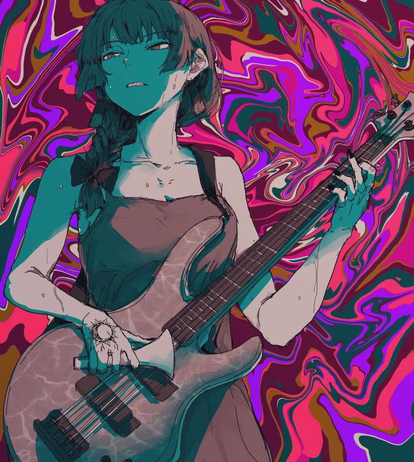 1girl abstract_background bachi black_nails bocchi_the_rock! braid clenched_teeth collarbone dress electric_guitar eshaku_(asifu-coffee) fingernails guitar hand_tattoo highres hiroi_kikuri holding holding_instrument holding_plectrum instrument long_hair monochrome multicolored_background music nail_polish playing_instrument plectrum psychedelic sharp_teeth single_braid sleeveless sleeveless_dress solo sweat tattoo teeth