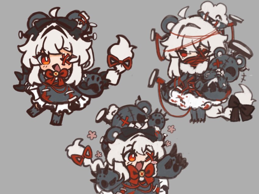 1girl ahoge animal_ears applepie13561 bear_ears black_dress black_gloves braid braided_ponytail dress e.g.o_(project_moon) full_body gloves hair_ribbon hex_nail_(e.g.o) highres hurting_teddy_bear limbus_company long_hair multiple_views one_eye_closed open_mouth original paw_sleeves project_moon red_ribbon ribbon smile stitches very_long_hair white_hair
