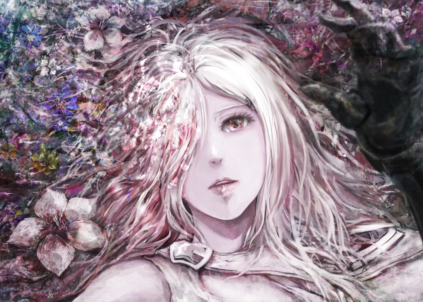 1girl blue_flower commentary drag-on_dragoon drag-on_dragoon_3 dying english_commentary eyelashes flower hair_ornament hair_over_one_eye lips long_hair looking_afar lying mechanical_arms mixed-language_commentary nose on_back open_mouth portrait purple_eyes side_cape single_mechanical_arm solo white_flower white_hair yamamoto_no_ari yellow_flower zero_(drag-on_dragoon)